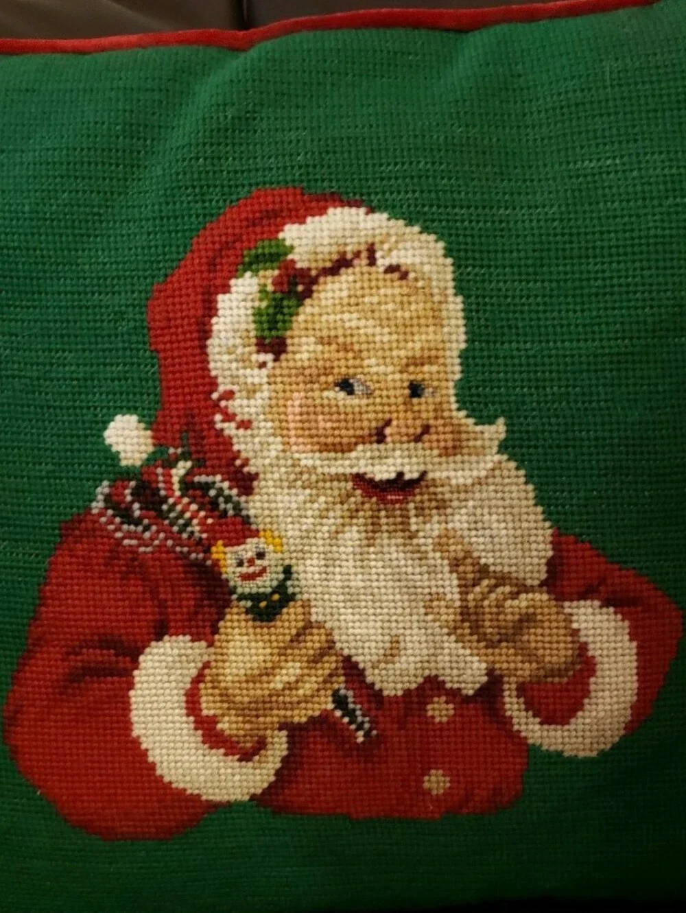Vintage Mischievous Looking Santa With Jester/Clown Toy Needlepoint Pillow